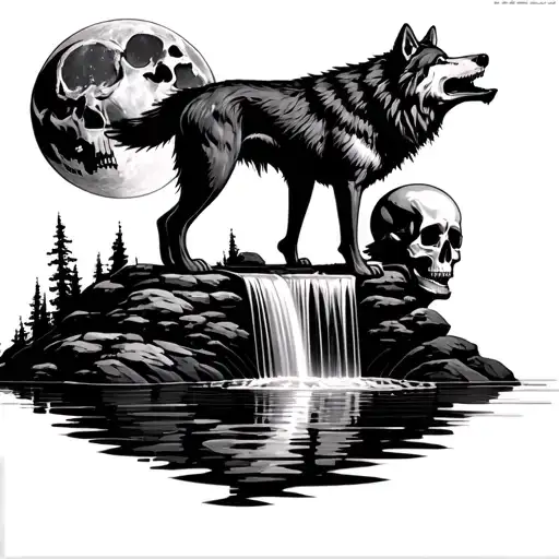 I want a wolf standing on top of a waterfall howling at a 1/4 skull moon w the skulls reflection in the water tattoo design idea