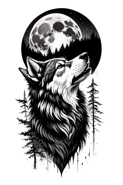 forest wolf howling at the moon tattoo design idea