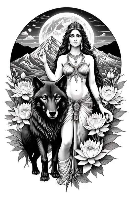 sexy aries goddess surrounded by poeny and lotus flowers growing with a black wolf in a mountain range with mars  tattoo design idea
