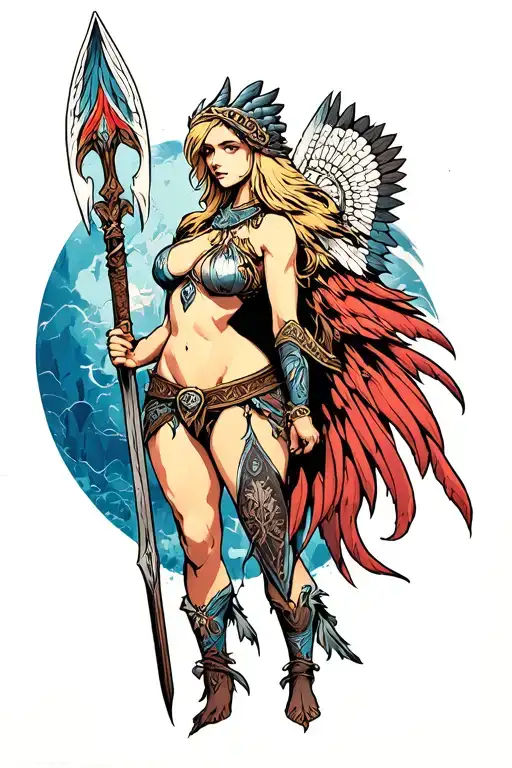 Sexy curvy Valkyrie from Scandinavian mythology armed with a long spear slung over her shoulder standing sideways. tattoo design idea