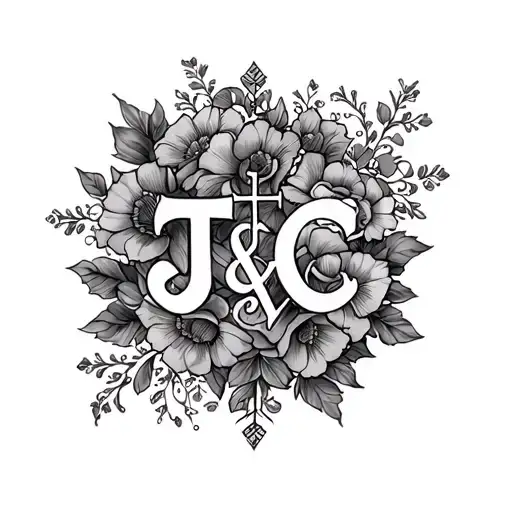 couples matching tattoo on ring finger. incorporating floral filigree, religious cross and initials J & C tattoo design idea