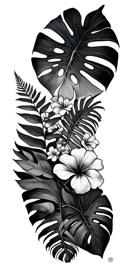 Monstera leaves, fern leaf morphing with jungle flowers tattoo design idea
