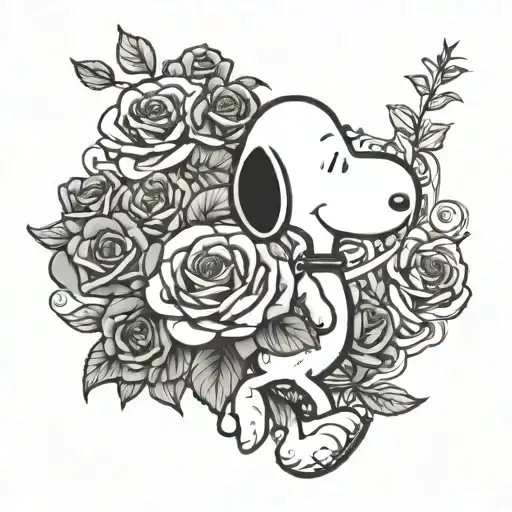 Name Snoopy, roses intertwined tattoo design idea