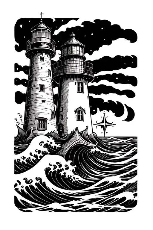 Lighthouse agnist the waves, with an anchor and a compass.  tattoo design idea