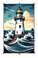 Lighthouse agnist the waves, with an anchor and a compass.  tattoo design idea