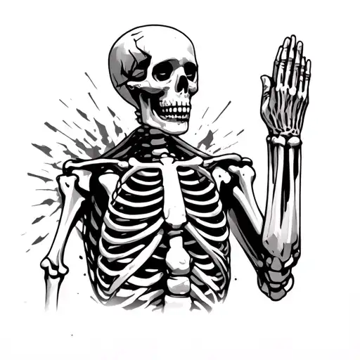 The skeleton is sold to small fragments, such as from an explosion, praying to God the eyes are raised up tattoo design idea