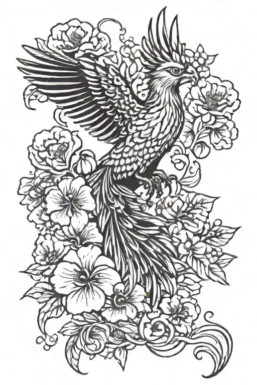phoenix and geranium flowers tattoo design idea