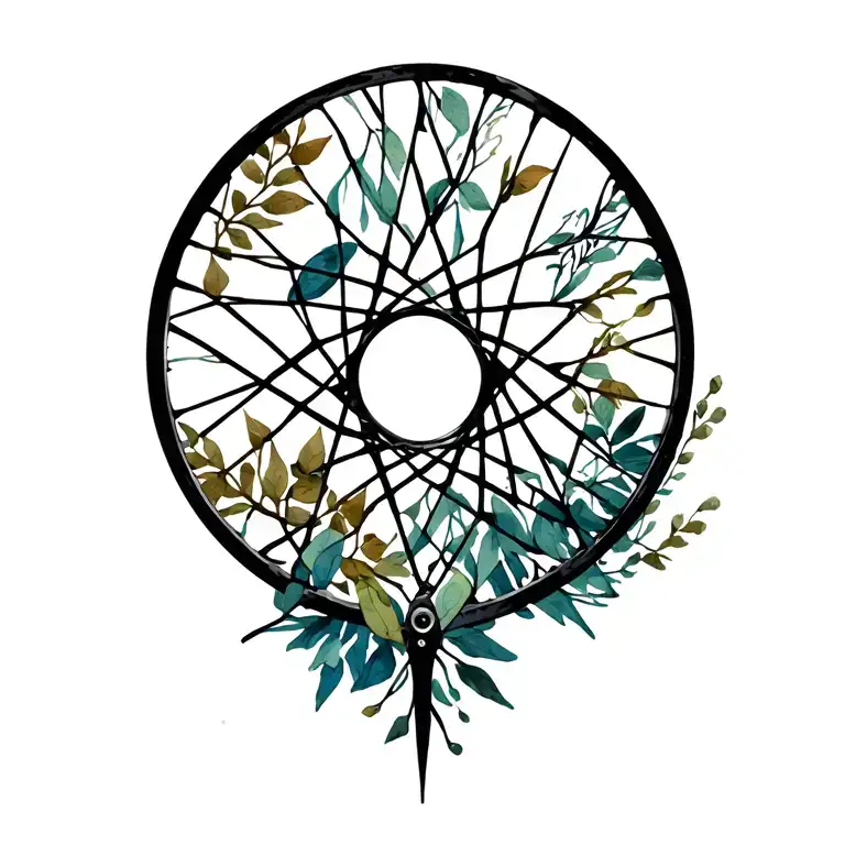 A minimalist geometric design of a bike wheel incorporating elements of nature like leaves and branches tattoo design idea