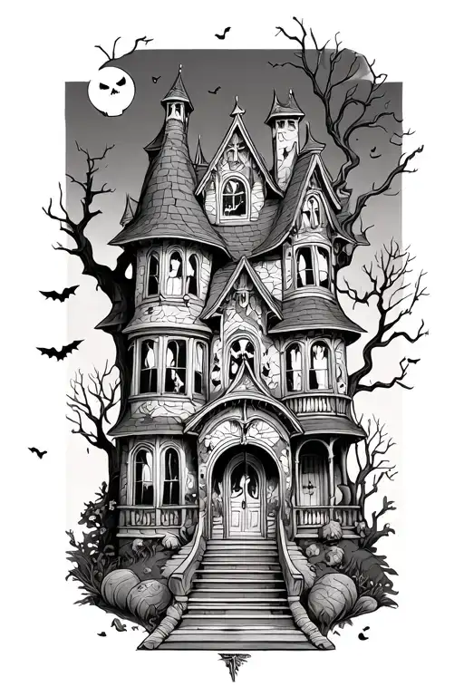 A spooky haunted house with a Disney twist tattoo design idea