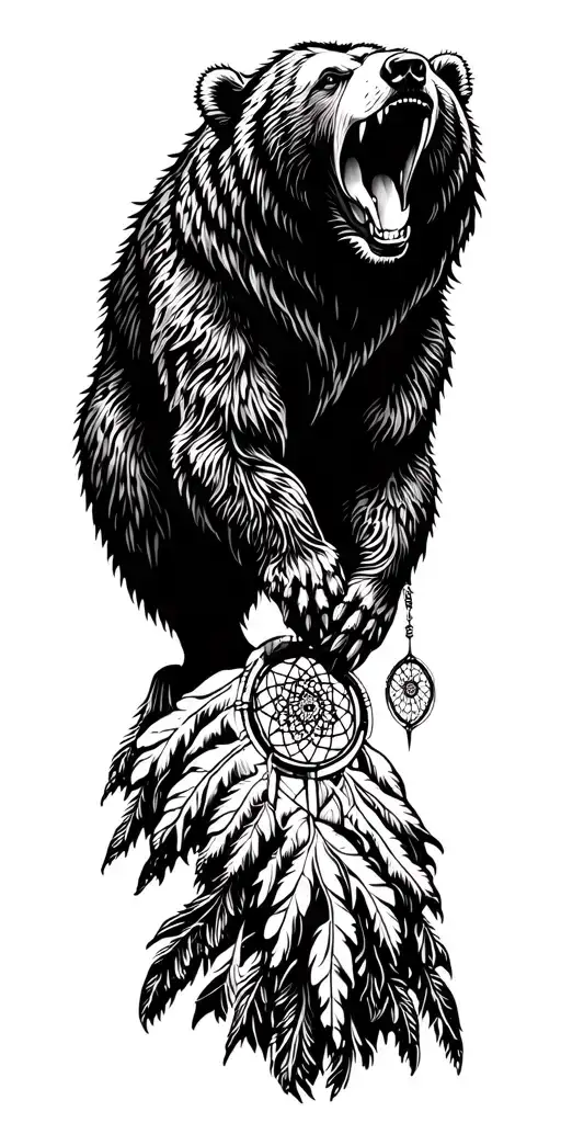 A fierce bear roaring atop a mountain peak with intricate dotwork details dream Catcher native trible tattoo design idea