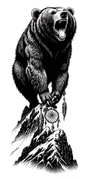 A fierce bear roaring atop a mountain peak with intricate dotwork details dream Catcher native trible tattoo design idea