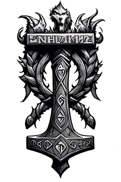 thors hammer Mjolnir surrounded by runes and Fenrir on top tattoo tattoo design idea