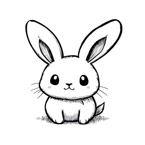 Tattoo design of a soft-looking bunny in minimalist style, like a plush toy but in a mature and elegant way. Add a small tattoo design idea