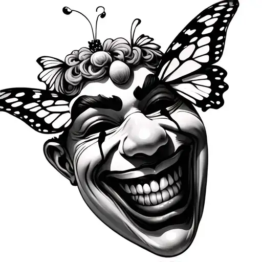 butterflies carrying a happy clown mask tattoo design idea