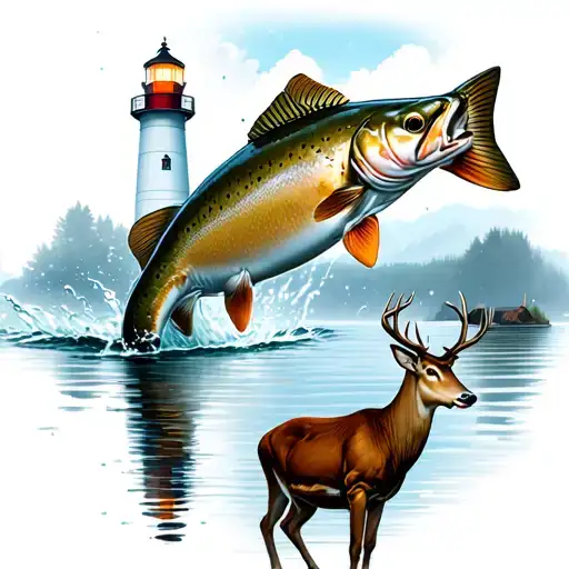 trout jumping out of water in front of lighthouse with a deer nearby tattoo design idea
