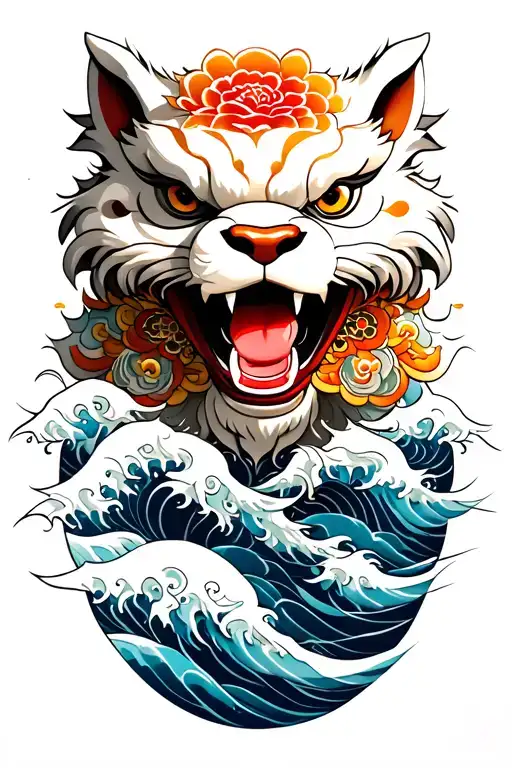 japanese foo dog with waves tattoo design idea