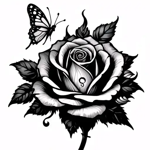 The Fire Rose Unity Survivor tattoo with roses and a butterfly with a semicolon on the flower  tattoo design idea