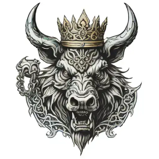 angry boar head on chained armor wearing a crown with blue eyes tattoo design idea