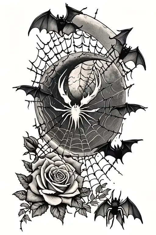 spider web with bats flying, a half moon, barbed wire, a rose, and spider  tattoo design idea