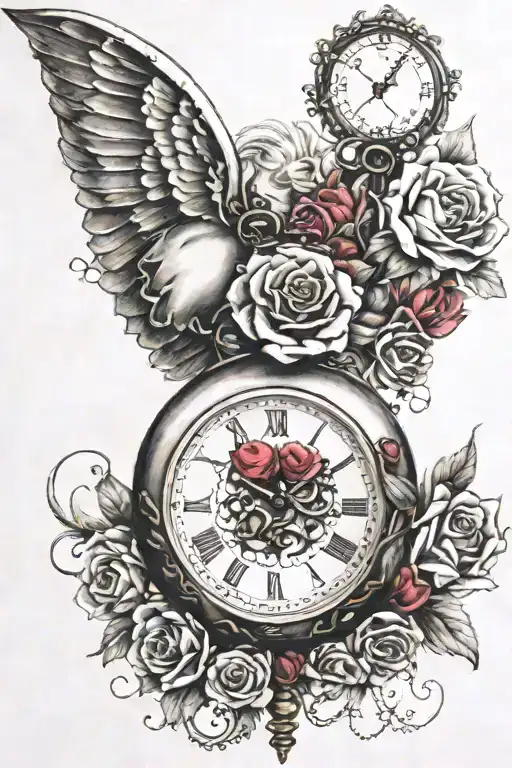 heart shaped pocketwatch surrounded in gemstones, roses in the background, I with a sleeping baby angel tattoo design idea