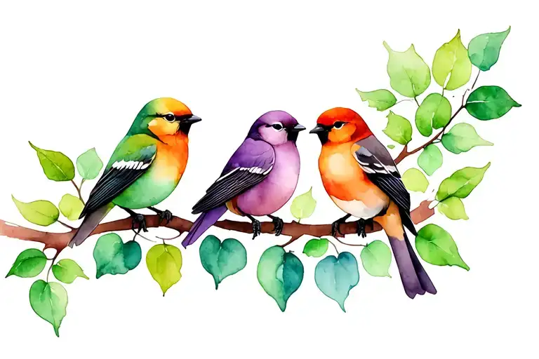 three watercolor birds perched on a leafy branch orange green and purple  tattoo design idea