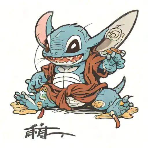 Stitch fighting a toad with Japanese style katanas tattoo design idea