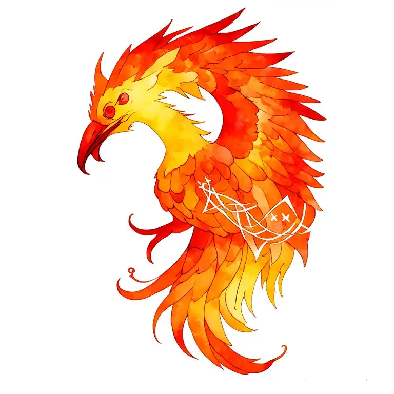 infinity with a phoenix with burning runes on its tail.  tattoo design idea