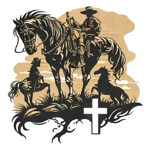 silhouette horse and cowboy kneeling at cross tattoo design idea