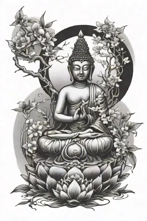 Create a non-symmetrical Buddhist-inspired tattoo focusing on nature.  tattoo design idea