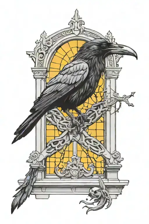 Raven on skull church window tattoo design idea