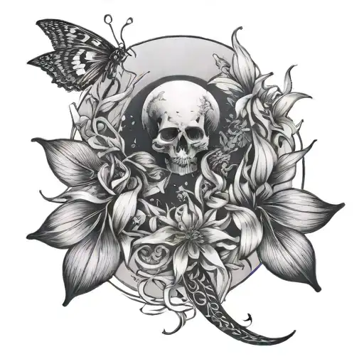 Moon phases and death moth with Lillies  tattoo design idea