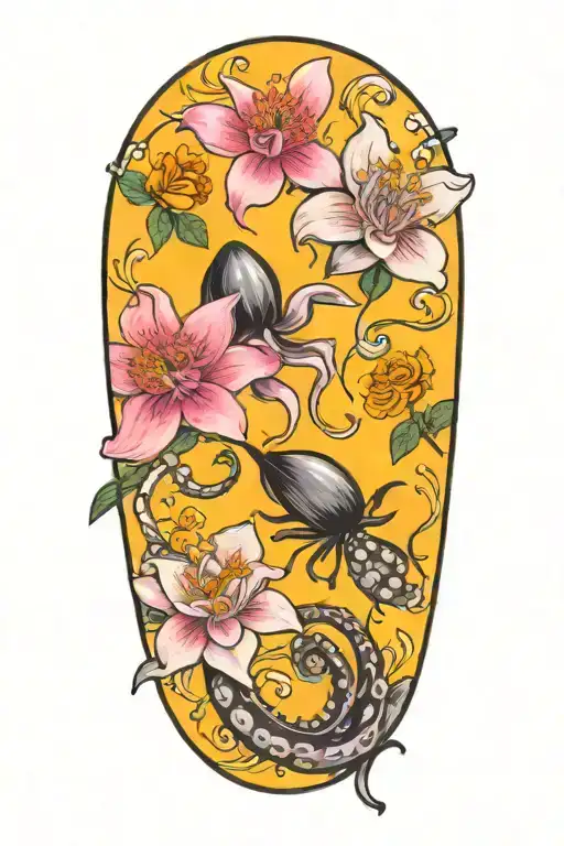 snowdrop, rose, marigold, octopus tentacles tattoo design idea