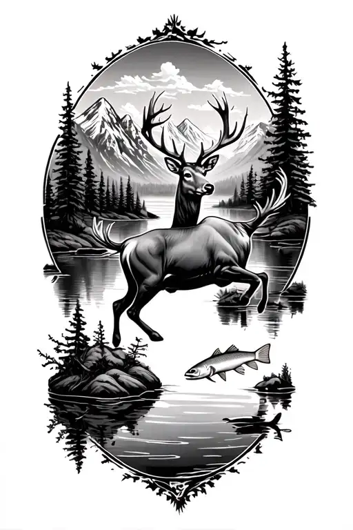 mountains, red stags, roe bucks, a pond , a trout jumping tattoo design idea