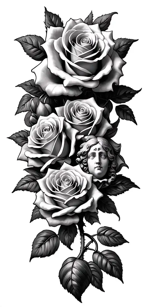 roses with statues of st. Jude, st. Joseph, st. Cecilia, st. camillus hiden in the roses.  tattoo design idea