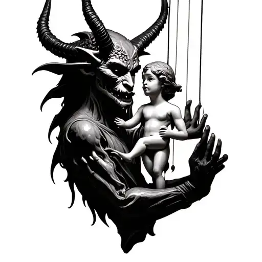 a devil that holding a small angel under him as a marionette  tattoo design idea