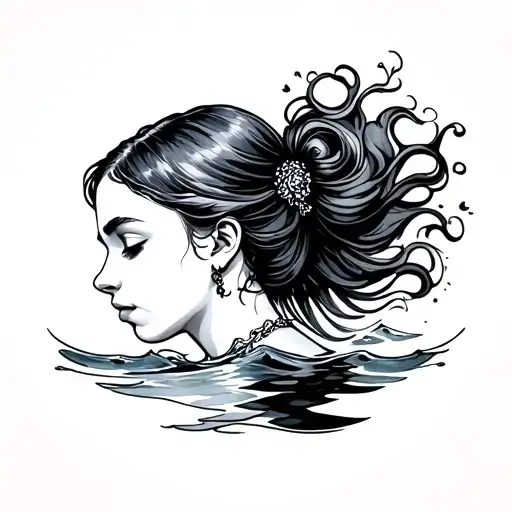 swimming lady head profile holding tattoo design idea