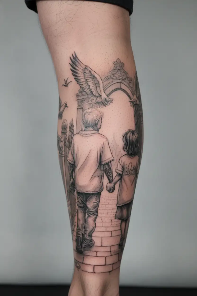 toddler granddaughter and grandpa walking towards heaven gates with doves in background  tattoo design idea