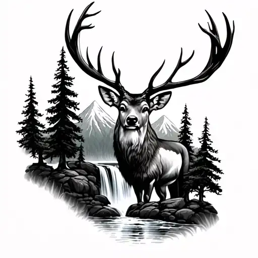 mountains  waterfall trees deer tattoo design idea