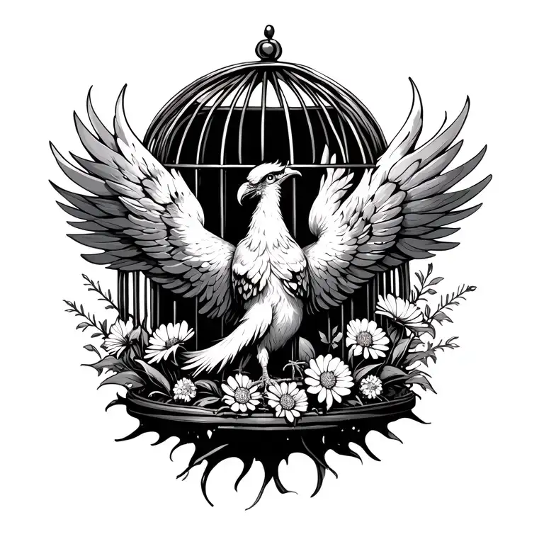 caged phoenix busting out of the cage with wildflowers around it tattoo design idea