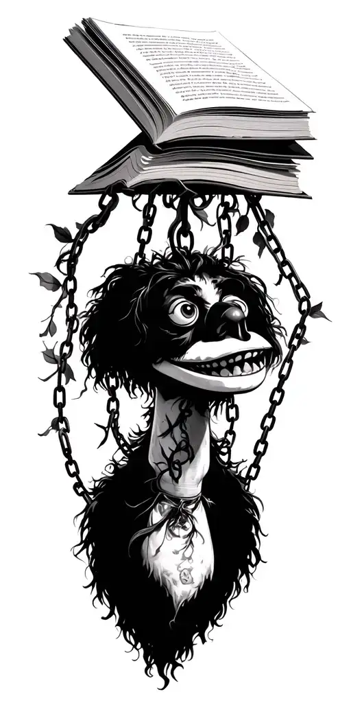 Open book upside-down on the top with pages turning into vines then into chains that hold up a ventriloquist puppet tattoo design idea