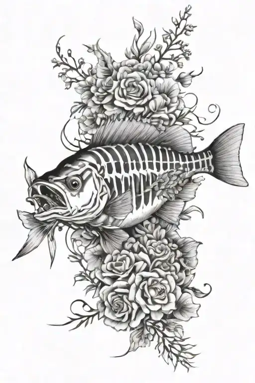 walleye bass skeleton and flowers tattoo design idea