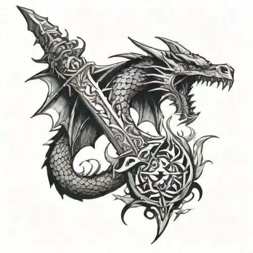 dragon wrapped around a sword with flames right arm tattoo design idea