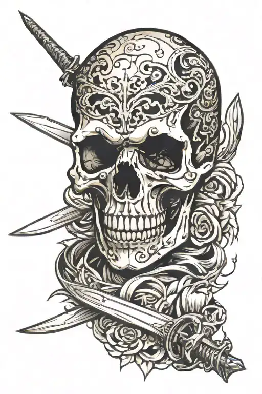 skull with human body is looking sideways also there are two swords that impaled to his back  tattoo design idea