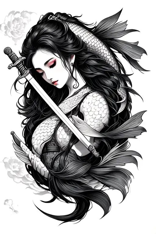 koi carp geshi woman holding a sword tattoo design idea