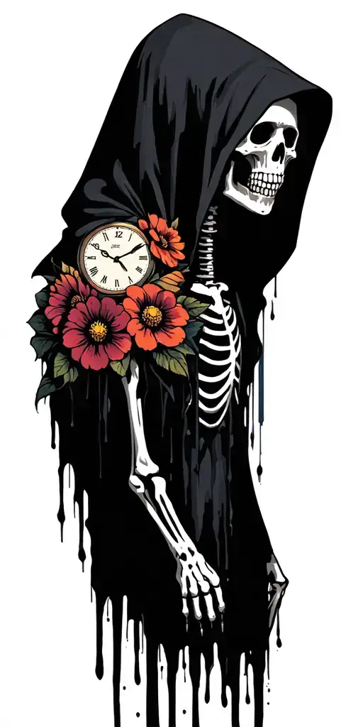 Hooded skeleton Silhouette and time and dead flowers, shadow, ethereal, terrifying, dark, goth, grungy, evil tattoo design idea