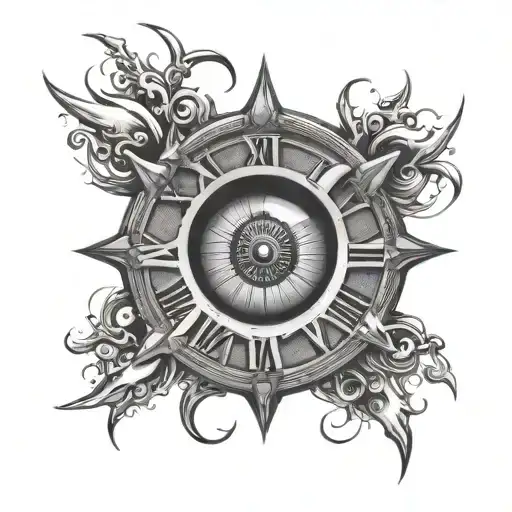crying eye in a large working clock that explodes with an imposing polar star above tattoo design idea