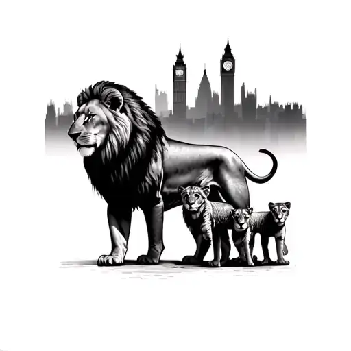 high quality realism male lion standing protectively over female lion and 2 cubs with london city skyline in background tattoo design idea