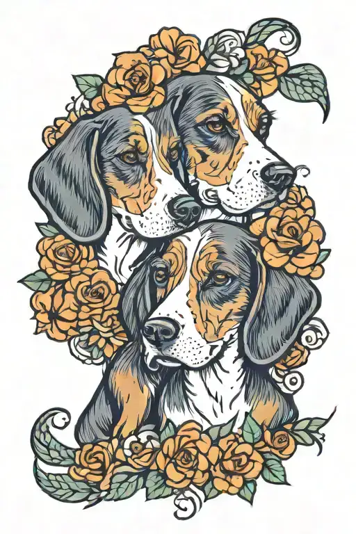 2 beagles with flowers intertwined tattoo design idea