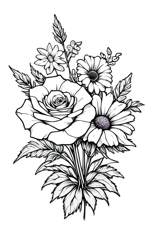 a bouquet with a rose, a violet, a daisy, and a morning glory tattoo design idea