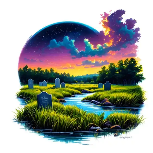 colorful river with tall grass next to it with three gravestones near the river. also the night sky in the background  tattoo design idea